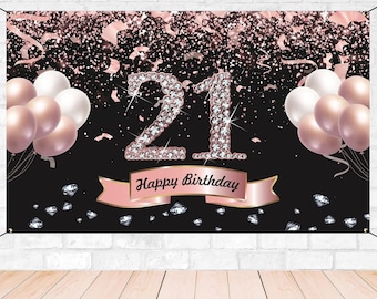 21st Birthday Banner Backdrop Decorations for Girls Rose Gold Happy 21 Year Old Birthday Decor Photo Booth Props 21st Party Supplies