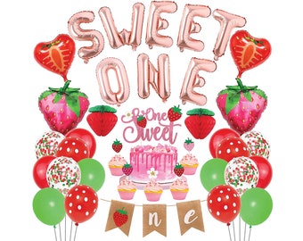 Strawberry 1st Birthday Decorations, Strawberry Party Supplies, Sweet One Birthday, Strawberry Cake Toppers, Balloons, Banner