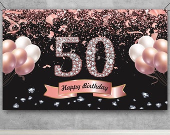 50th Birthday Banner Backdrop Decorations for Women Rose Gold Happy 50 Year Old Birthday Decor Photo Booth Props 50th Party Supplies