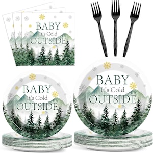 Baby It’s Cold Outside Party Plates, Napkins, Forks Disposable Tableware Serves 24, Green Forest Woodland Snowflake Baby Shower Dinnerware