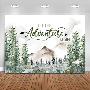 Let the Adventure Begin Baby Shower Backdrop Rustic Forest Pine Tree Mountain Baby Shower Background Banner Boy Adventure Begins Shower