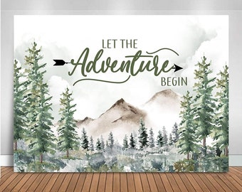 Let the Adventure Begin Baby Shower Backdrop Rustic Forest Pine Tree Mountain Baby Shower Background Banner Boy Adventure Begins Shower