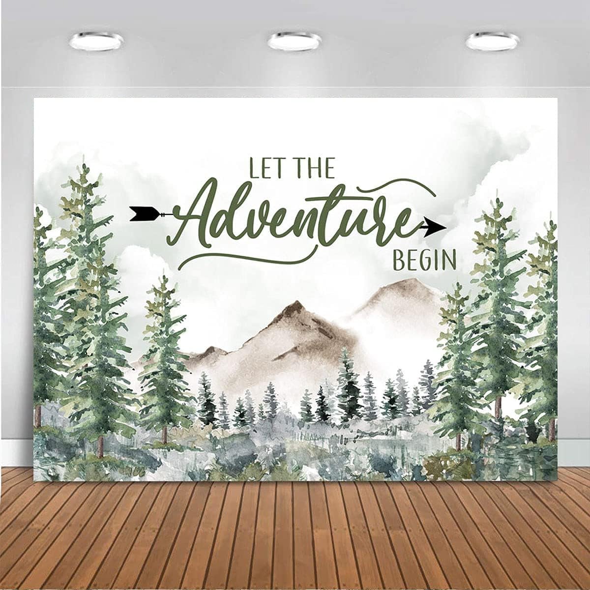 Let the Adventure Begin Baby Shower Backdrop Rustic Forest Pine Tree Mountain Baby Shower Background Banner Boy Adventure