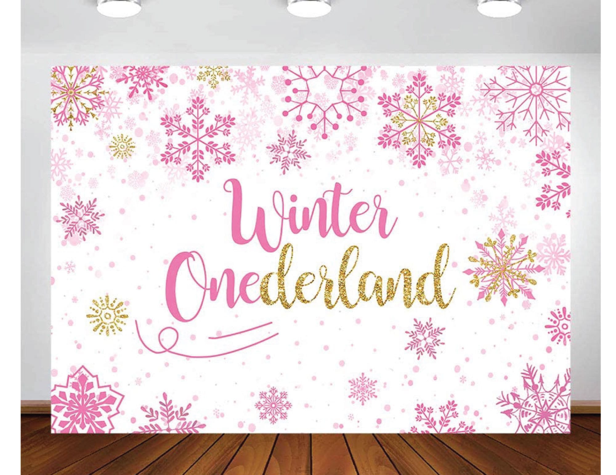 Winter ONEderland Backdrop Girl Pink and Gold 1st Birthday Vinyl Photo Background Winter Snow Flakes Birthday Banner