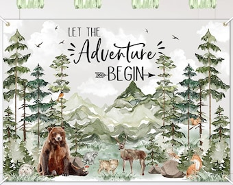L'aventure vous attend, toile de fond pour baby shower, forêt rustique, forêt, montagne, ours, cerf, baby shower, fond, bannière, garçon, aventure, commence