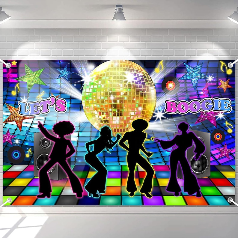 May include: A disco party backdrop with a large gold disco ball, four silhouettes of people dancing, and the text "Let's Boogie" in pink and purple letters.