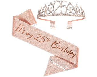 25th Birthday Sash and Tiara for Girls, 25 & Fabulous Birthday Sash Crown 25th Sash and Tiara for Girls, Rose Gold Sash and Tiara