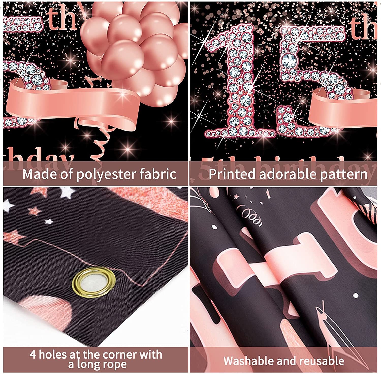 'Happy 15th Birthday' Banner In Roségold | Ca. 3 M Lang, Glitzer-Optik | Für Geburtstagsdeko