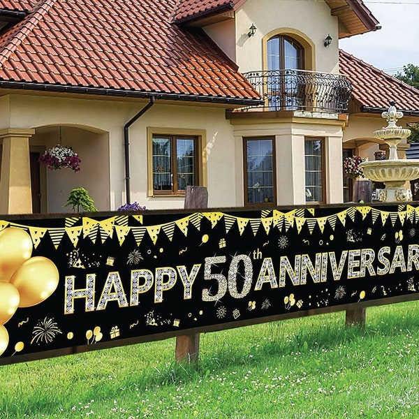 Large 50th Anniversary Banner Backdrop Decorations Gold Happy 50th Anniversary Party Outdoor Indoor Banner 50th Anniversary Party Supplies