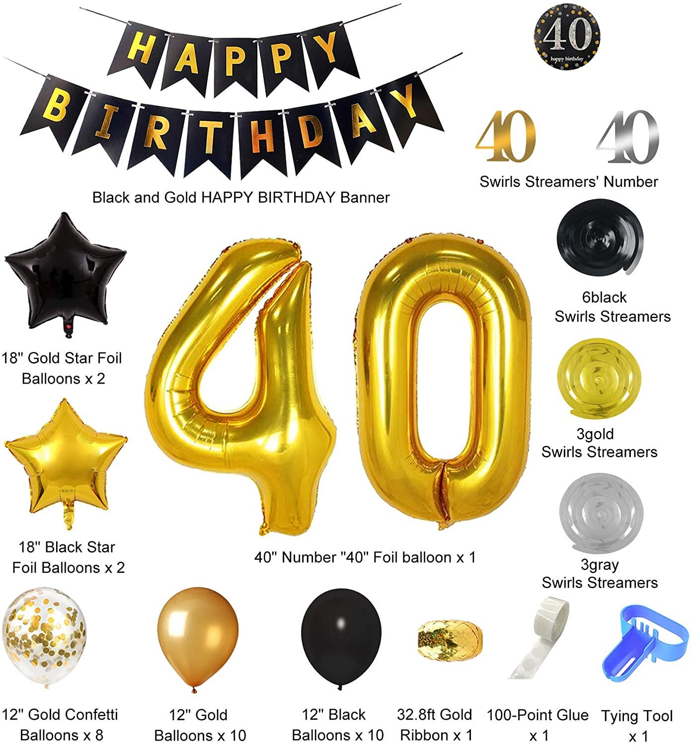 Mujer 25 piezas dorado negro mixto globos , 40.a fiesta de cumpleaños  decoraciones , 40 años hombre de cumpleaños adorno, Mode de Mujer