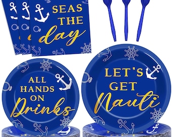 Nautical Bachelorette Party Plates, Napkins, Forks Disposable Tableware Serves 24, Let's Get Nauti Yacht Party Dinnerware, Nautical Sailor