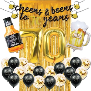 Cheers and Beers to 70 Years Balloons Decorations Black and Gold 70th Birthday Party Backdrop Banner Number 70 Balloon Beer Foil Balloon