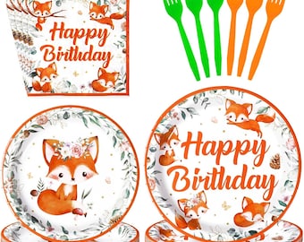 Fox Birthday Plates, Napkins, Forks Disposable Tableware Serves 24,Fall Fox Birthday Plates Dinnerware For Kid Birthday