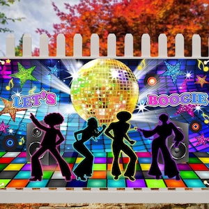 May include: A colorful banner with a disco ball, four silhouettes of people dancing, and the text "Let's Boogie". The banner has a checkered dance floor design with stars and musical notes.