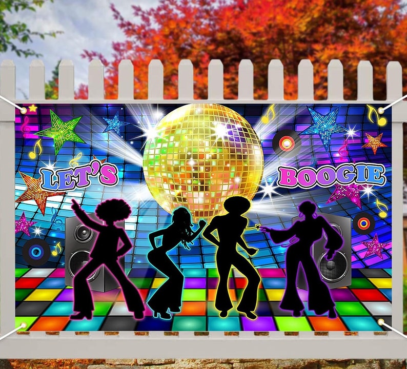May include: A colorful banner with a disco ball, four silhouettes of people dancing, and the text "Let's Boogie". The banner has a checkered dance floor design with stars and musical notes.