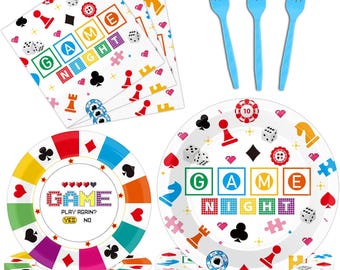 Game Night Plates, Napkins, Forks Disposable Tableware Serves 24, Family Game Night Party Plates Dinnerware, Video Game Decoration