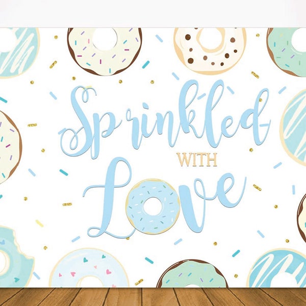 Sprinkled with Love Backdrop, Donut Boy's Baby Shower Backdrop Banner, Boy's Shower Donuts Sprinkles Confetti Photography Background Sign