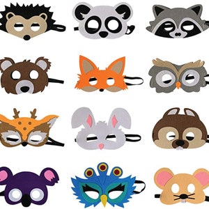 May include: Set of 12 felt animal masks for kids. The masks feature a variety of animals, including a hedgehog, raccoon, owl, fox, deer, bunny, squirrel, koala, peacock, and mouse. The masks are all brightly colored and have felt details.