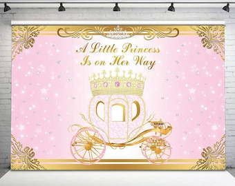 little Princess Baby Shower Backdrop, Pink Princess Carriage Gold Crown Background, Pink and Gold A Little Princess Is On The Way Banner