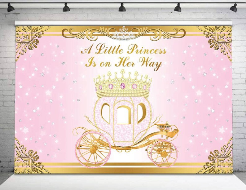 little Princess Baby Shower Backdrop Pink Princess Carriage Gold Crown Background Pink and Gold A Little Princess Is On The