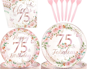 75th Birthday Plates, Napkins, Forks Disposable Tableware Serves 24, Floral Rose Gold 75 and Fabulous Birthday Plates Dinnerware for Women