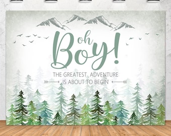 Adventure Awaits Baby Shower Backdrop, Oh Boy Let The Adventure Begin Pine Tree Mountain Forest Adventure Baby Shower Banner Backdrop