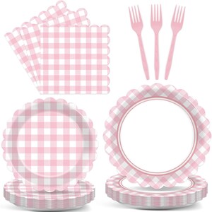 May include: A set of pink and white gingham party supplies, including plates, napkins, and forks. The plates and napkins have scalloped edges. The forks are a solid pink color. The overall theme is a picnic or party.