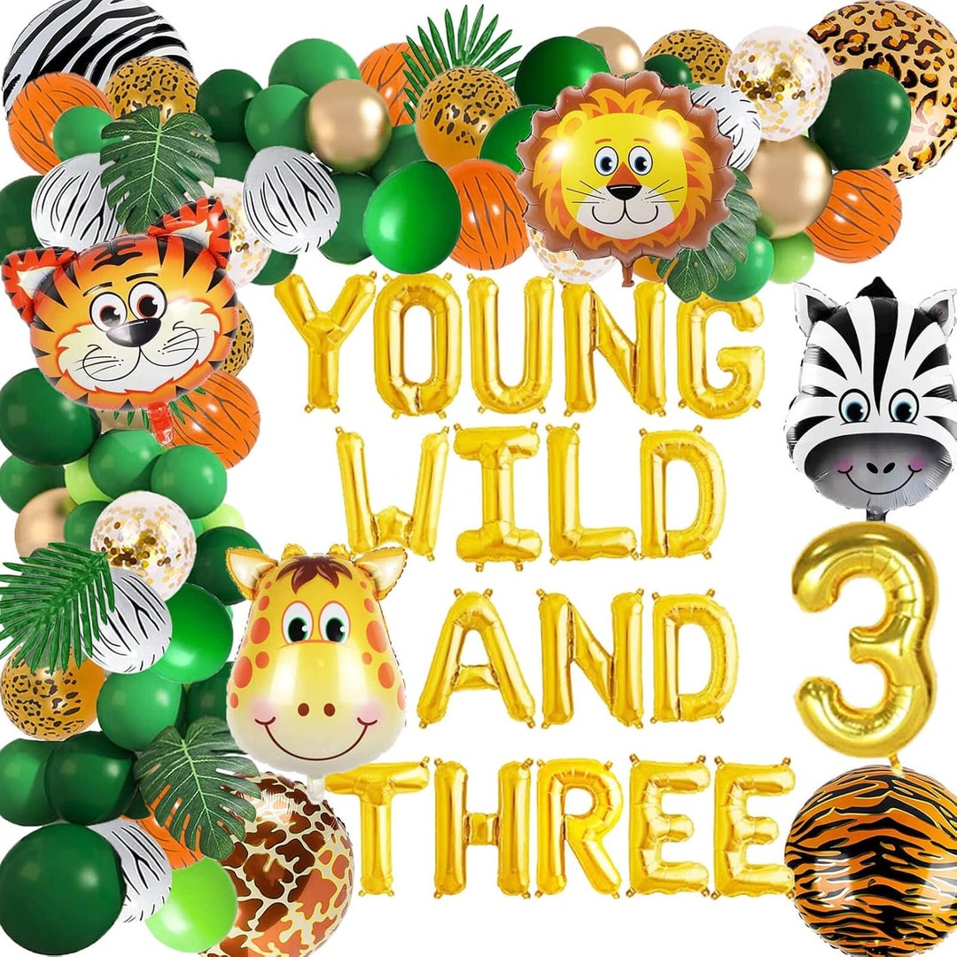 3. Geburtstag Deko-Set Safari, „Young Wild And Three“ – Ballons, Girlanden, Blätter In Rosa & Salbeigrün