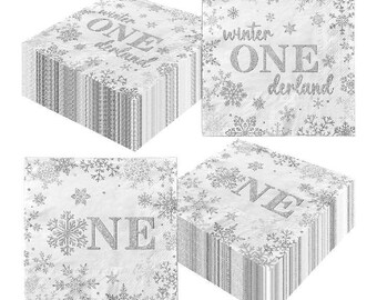 Winter Onederland Napkins 40PCS, Girl Boy Winter Wonderland 1st Birthday Paper Napkins, Silver Snowflake First birthday Cocktail Napkins
