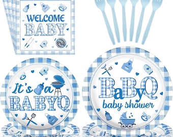 BBQ Baby Shower Plates, Napkins, Forks Disposable Tableware Serves 24 It’s A BabyQ Party Plates Dinnerware Boys Barbecue Themed Baby Shower