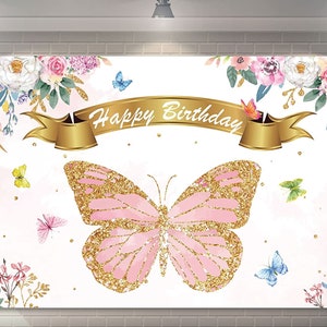 Butterfly Birthday Backdrop Girl Floral Butterfly Birthday Photo ...