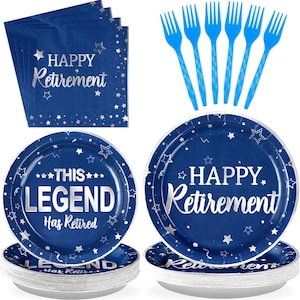 May include: A collection of navy blue retirement party supplies. Includes plates, napkins, and forks. The plates and napkins have silver text that reads "HAPPY Retirement" and "THIS LEGEND Has Retired". The plates are stacked.