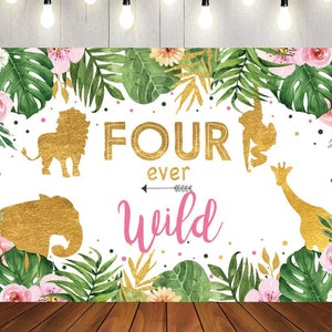 Four Ever Wild Backdrop Girl Jungle Safari Animals 4th Birthday Vinyl Photo Background 7x5ft Gold Four Ever Wild Birthday Banner Backdrops