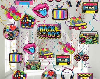 Back To The 80s Hanging Swirl Decorations 53psc, 1980's Hip Hop Throwback Birthday Party Decorations, Disco Retro Radio 80s Theme Decor