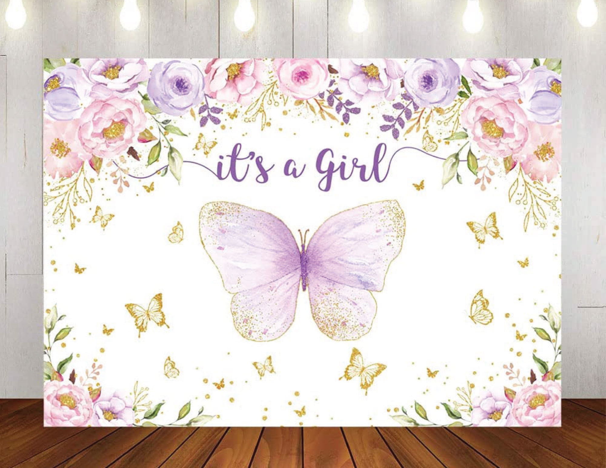 Butterfly Baby Shower Backdrop – Purple Floral & Glitter Banner 70x43 Inches