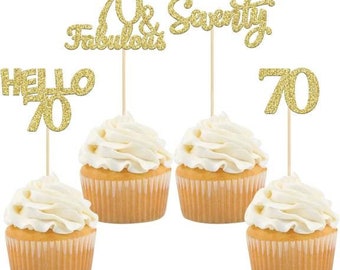 70th Birthday Cupcake Toppers 24 pcs, Gold Glitter 70th Birthday Toppers, 70th Party Decorations, 70th Party Supplies, 70 and Fabulous