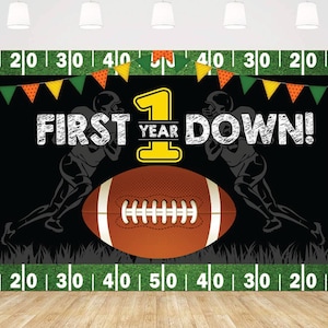 Football 1st Birthday Backdrop, Boy&#39;s First Year Down Birthday Photography Background, Touchdown First Birthday Banner Decorations