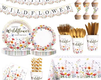 Wildflower Baby Shower Plates, Napkins, Forks Disposable Tableware Serves 24, A Little Wildflower Is On The Way Baby Shower Dinnerware