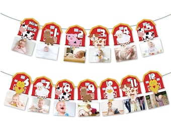 May include: A festive banner featuring red barn-shaped cutouts with numbers 1-12 and animal-themed clips. Each clip holds a small photo, perfect for displaying baby's monthly milestones. The banner includes the text "New Born".