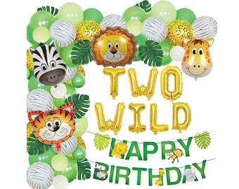 Two Wild Birthday Decoration, Safari Baby Second Birthday Decor Kit, Boy's Jungle 2nd Birthday Party Balloon Set Two Wild banner Cake Topper