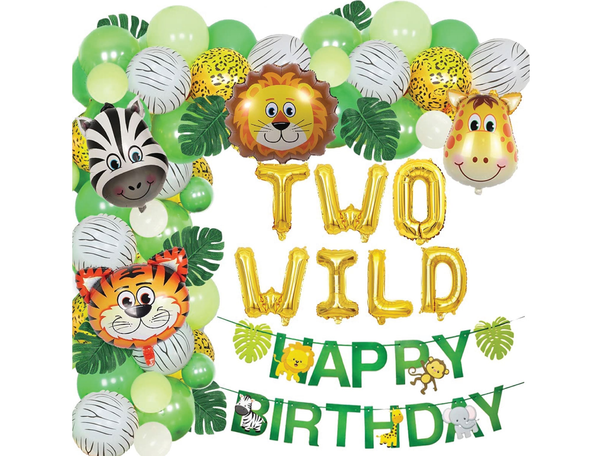 Two Wild Birthday Decoration Safari Baby Second Birthday Decor Kit Boys Jungle 2nd Birthday Party Balloon Set Two Wild banner