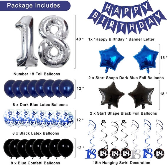Decoraciones de 18 cumpleaños para niños y niñas, azul oscuro, fiesta de  cumpleaños de 18 años, globo plateado número 18, pancarta de 18 cumpleaños  -  España