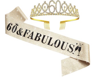 60th Sash & Rhinestone Tiara Set, 60th Birthday Sash and gold crown, Gold Glitter 60th Birthday Sash, Sixty and fabulous Sash