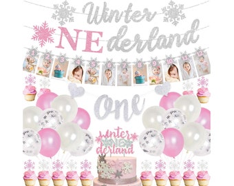 Winter ONEderland Birthday Decorations Girls Pink and Silver Snowflakes Winter Wonderland Photo Banner, Cake Topper, ONEderland Balloons