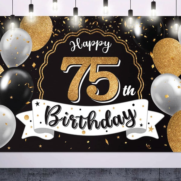 75th Birthday Banner Backdrop Cheers to 75 Years Photo Background Decorations Black and Gold 75th Birthday Party Photography backdrop