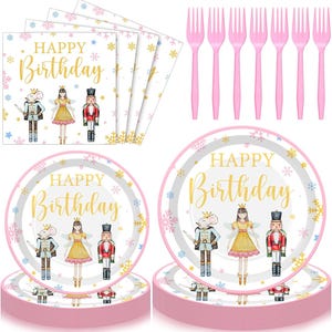 Christmas Nutcracker Birthday Party Plates, Napkins, Forks Disposable Tableware Serves 24 Pink and Gold Holiday Nutcracker Plates Dinnerware
