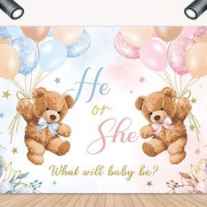 Teddy Bear Gender Reveal Backdrop He or She What will Baby Be Banner Vinyl Photo Background 7x5ft Pink and Blue Teddy Bear Baby Shower
