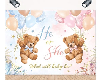 Teddy Bear Gender Reveal Backdrop He or She What will Baby Be Banner Vinyl Photo Background 7x5ft Pink and Blue Teddy Bear Baby Shower