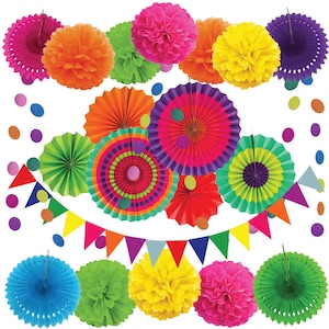 May include: A set of colorful paper decorations for a party or celebration. The set includes tissue paper pom-poms, paper fans, and a string of triangular flags. The colors are bright and vibrant, including pink, orange, yellow, green, blue, and purple.