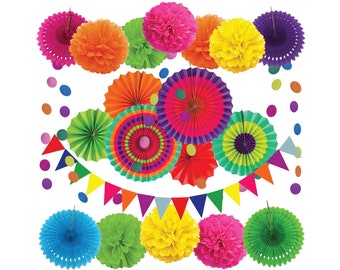 May include: A set of colourful paper decorations for a party or celebration. The set includes tissue paper pom-poms, paper fans, and a string of triangular flags. The colours are bright and vibrant, including pink, orange, yellow, green, blue, and purple.